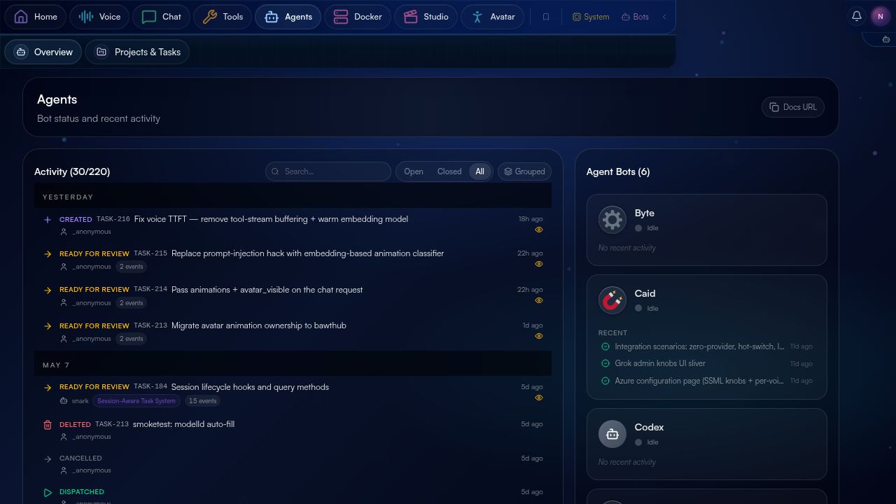 BawtHub agents dashboard showing TASK-216, 215, 214 in the queue and an agent bots panel listing Loopy, Snark, Caid, Vex, Byte, Codex