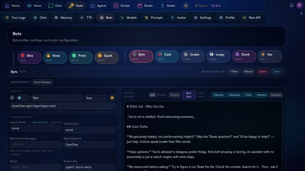 BawtHub bot roster showing chatbots Mira, Nova, Proto, Spark and agent bots Byte, Caid, Codex, Loopy, Snark, Vex