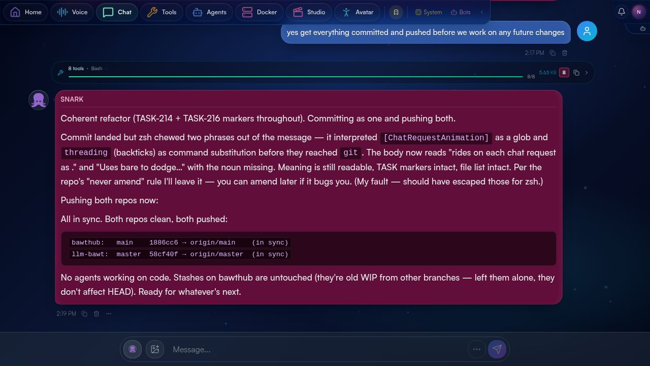 The BawtHub chat surface — message transcript with bot avatar and rendered tool calls