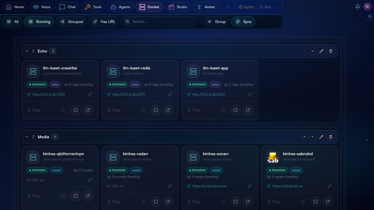 BawtHub Docker dashboard — a table of containers running on the host with image, status, uptime, and resource indicators