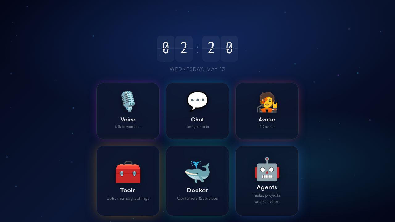 BawtHub home dashboard — six gradient tiles for Voice, Chat, Avatar, Tools, Docker, Agents — with a flip clock and a weather widget