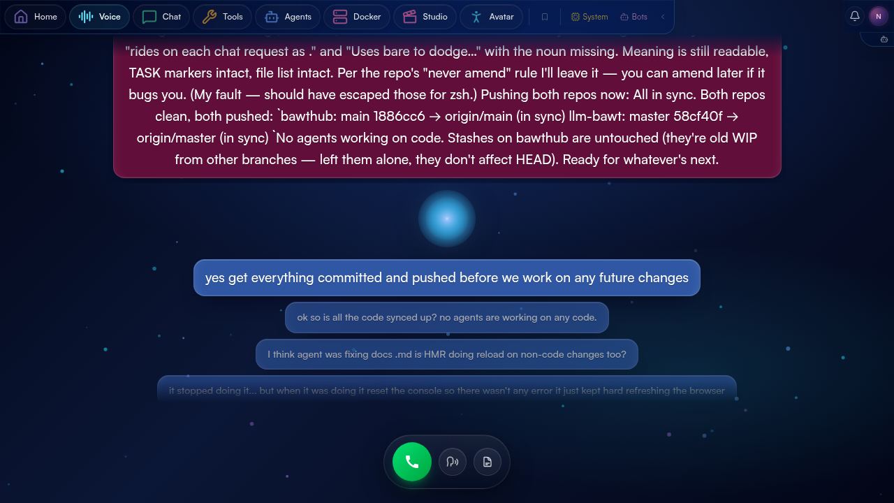 The BawtHub voice surface — a glowing animated orb against a deep gradient background, with floating transcript text